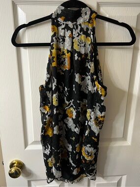 WHBM- Women’s Black Floral Halter Dress Top - Yellow & White Print